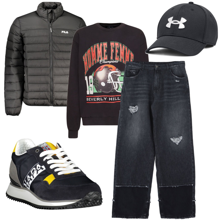 Outfit uomo - Alla partita. Stile Urban per Tutti i giorni. Abbinamento con jeans, cappelli, felpe, sneakers, giacche.