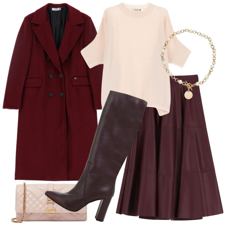 Outfit donna - Il cappotto bordeaux e la gonna plissé. Stile Casual chic per Serata fuori. Abbinamento con cappotti, maglieria, gonne longuette, stivali, collane, borse a spalla.