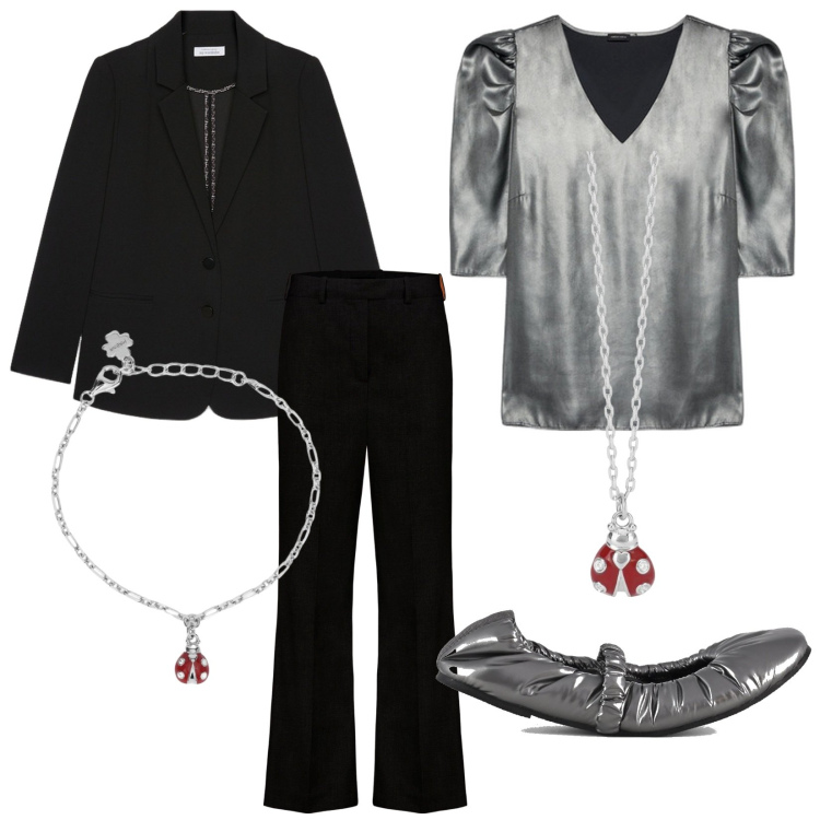 Outfit donna - D\'argento. Stile Glamour per Serata fuori. Abbinamento con braccialetti con ciondoli, collane, ballerine, pantaloni, blazer, bluse.