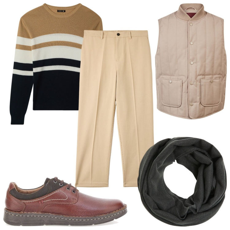 Outfit uomo - Total look #2015505. Stile Trendy per Tutti i giorni. Abbinamento con pantaloni, sciarpe, maglieria, piumini, scarpe stringate.
