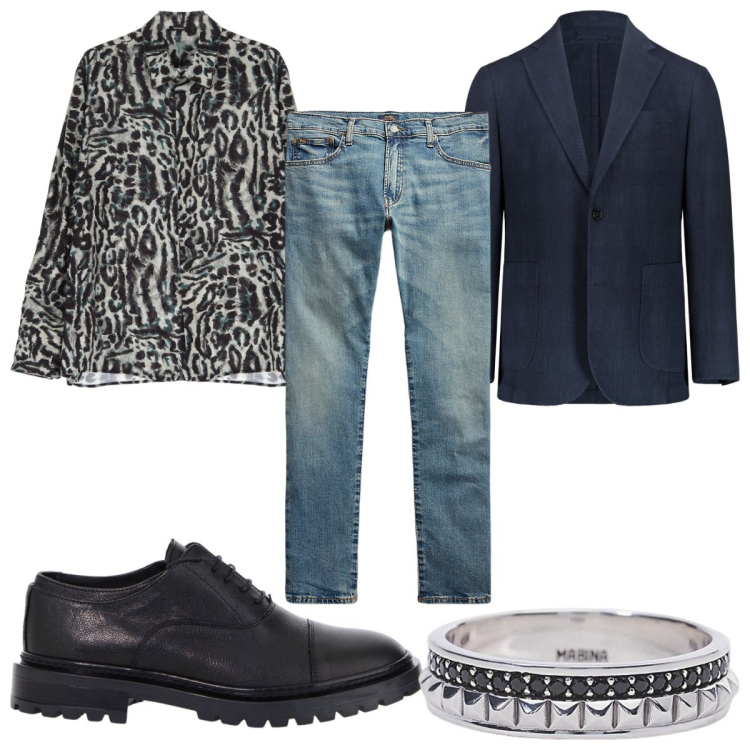 Outfit uomo - Total look #2015510. Stile Trendy per Serata speciale. Abbinamento con anelli, camicie, scarpe stringate, jeans, giacche.