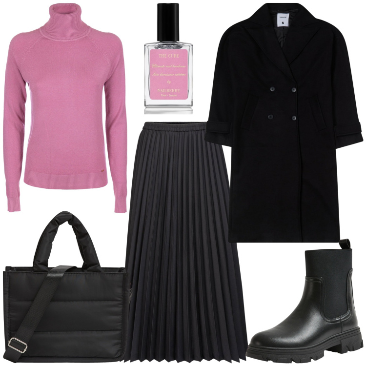 Outfit donna - Gonna plissettata e chunky boots. Stile Trendy per Tutti i giorni. Abbinamento con smalti, shopping bag, stivaletti chelsea, cappotti, maglieria, gonne longuette.