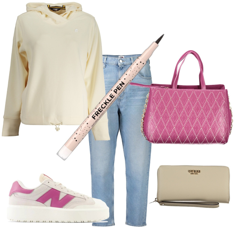 Outfit donna - Total look #2015519. Stile Casual per Tutti i giorni. Abbinamento con fondotinta, sneakers, jeans mom, felpe con cappuccio, portafogli, borse a spalla.