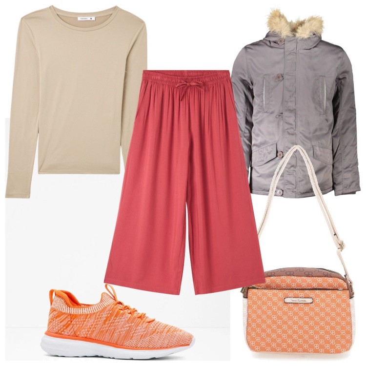 Outfit donna - Total look #2015528. Stile Trendy per Tutti i giorni. Abbinamento con sneakers, pantaloni a palazzo, t-shirt, blazer, borse a tracolla.