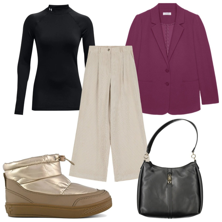 Outfit donna - Total look #2015529. Stile Trendy per Tutti i giorni. Abbinamento con pantaloni a palazzo, pullovers, stivaletti, blazer, borse a spalla.