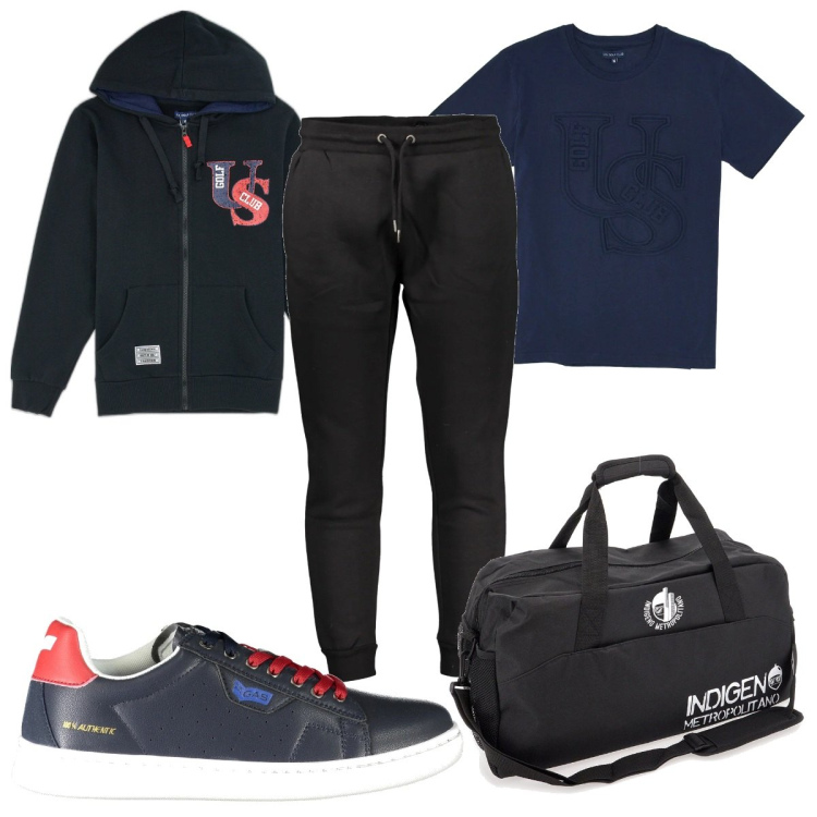 Outfit uomo - Total look #2015542. Stile Trendy per Sport. Abbinamento con borse sportive, felpe con cappuccio, pantaloni, sneakers, t-shirt.