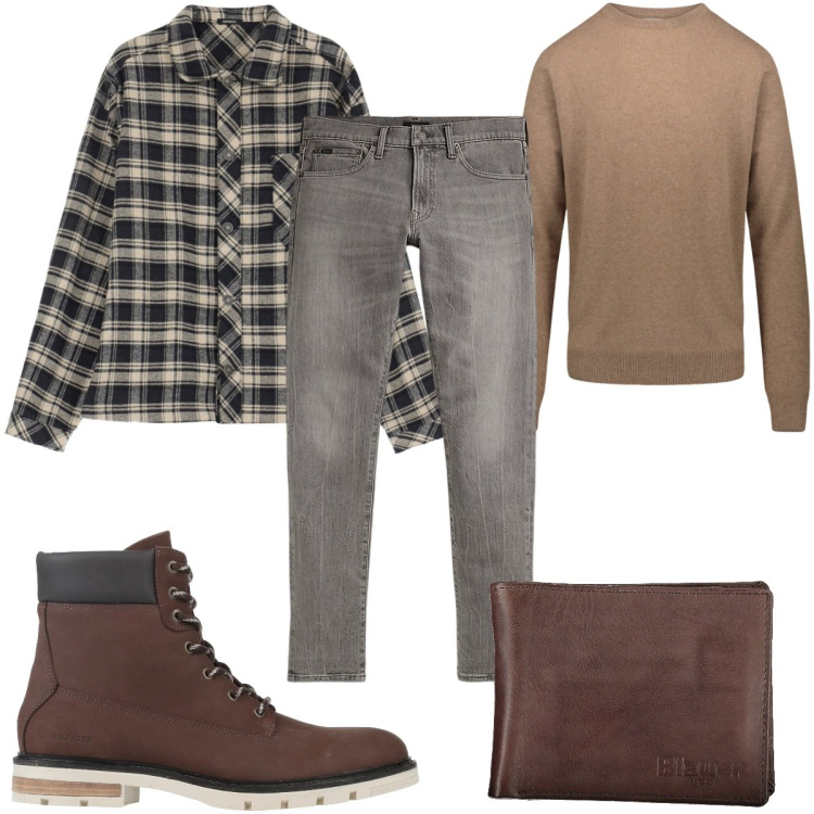 Outfit uomo - Total look #2015543. Stile Casual per Tutti i giorni. Abbinamento con stivali e stivaletti, camicie, jeans, maglieria, portafogli.