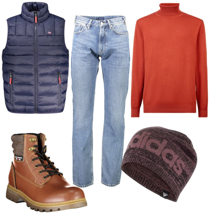 Outfit uomo - Total look #2015545. Stile Trendy per Tutti i giorni. Abbinamento con maglieria, berretti, jeans, stivali, giacche.