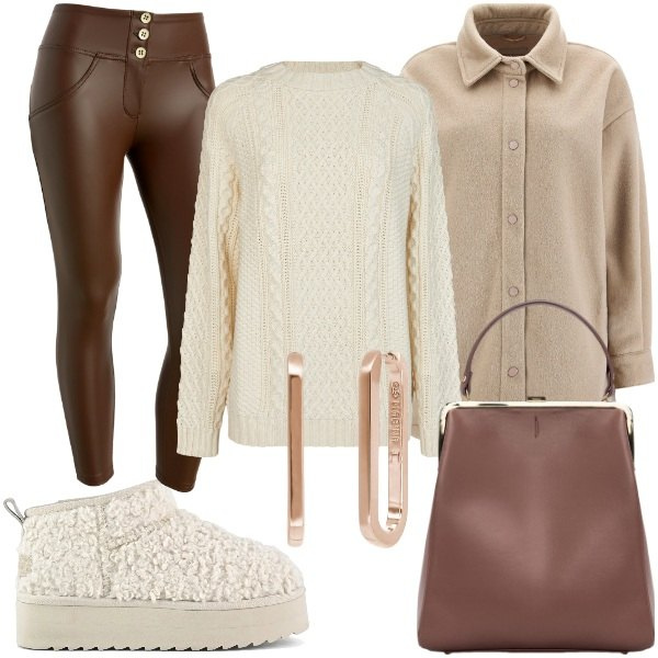Outfit donna - Total look #2015547. Stile Casual chic per Tutti i giorni. Abbinamento con orecchini, pantaloni skinny, cappotti, stivaletti, borse a spalla, maglieria.