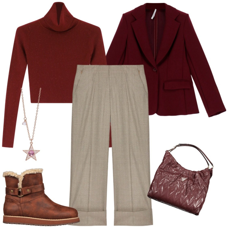 Outfit donna - Al caldo in ufficio. Stile Casual chic per Ufficio. Abbinamento con maglieria, collane, blazer, stivaletti, pantaloni, borse a spalla.