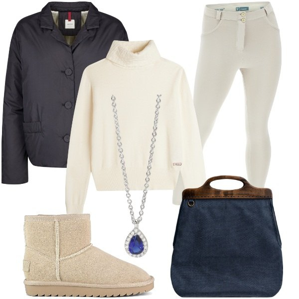 Outfit donna - Total look #2015552. Stile Casual chic per Tutti i giorni. Abbinamento con collane, maglieria, pantaloni skinny, stivali, borse a tracolla, blazer.