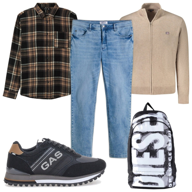 Outfit uomo - Total look #2015557. Stile Trendy per Tutti i giorni. Abbinamento con jeans dritti, borse sportive, camicie, sneakers, cardigans.