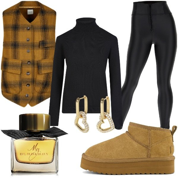 Outfit donna - Total look #2015577. Stile Casual chic per Tutti i giorni. Abbinamento con profumi, orecchini, pantaloni skinny, stivaletti, gilet, maglieria.