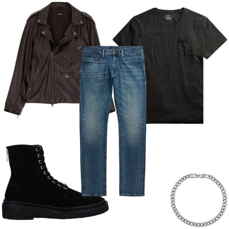 Outfit uomo - Total look #2015579. Stile Biker Rock per Tutti i giorni. Abbinamento con stivali e stivaletti, braccialetti, giacche, t-shirt, jeans.