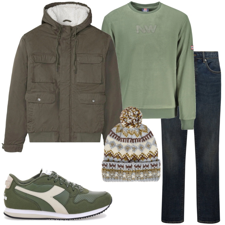 Outfit uomo - In città. Stile Urban per Tutti i giorni. Abbinamento con piumini, sneakers, berretti, jeans, felpe.