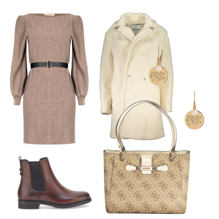 Outfit donna - Serata fuori. Stile Casual chic per Serata fuori. Abbinamento con vestiti, orecchini, stivaletti, cappotti, borse a spalla.
