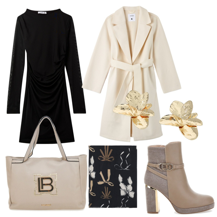 Outfit donna - Outfit chic. Stile Glamour per Serata fuori. Abbinamento con cappotti, vestiti lunghi, sciarpe, orecchini, stivaletti, borse a spalla.