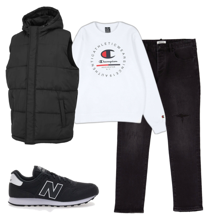 Outfit uomo - City. Stile Casual per Tutti i giorni. Abbinamento con gilet, jeans slim fit, sneakers, felpe.