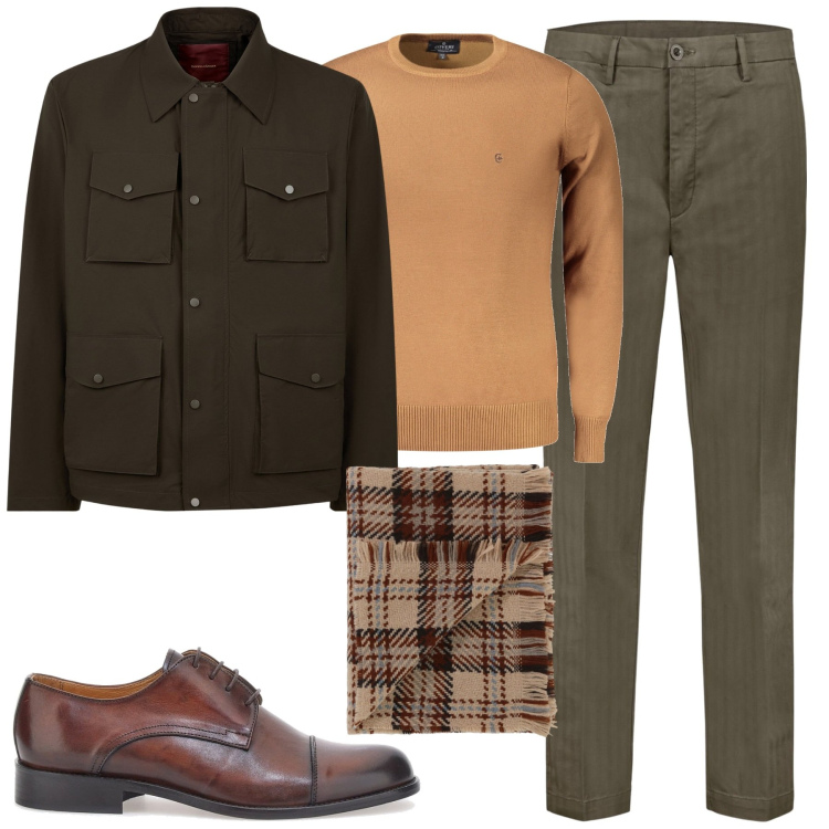 Outfit uomo - City. Stile Trendy per Tutti i giorni. Abbinamento con sciarpe, giacche, pantaloni, scarpe stringate, maglieria.