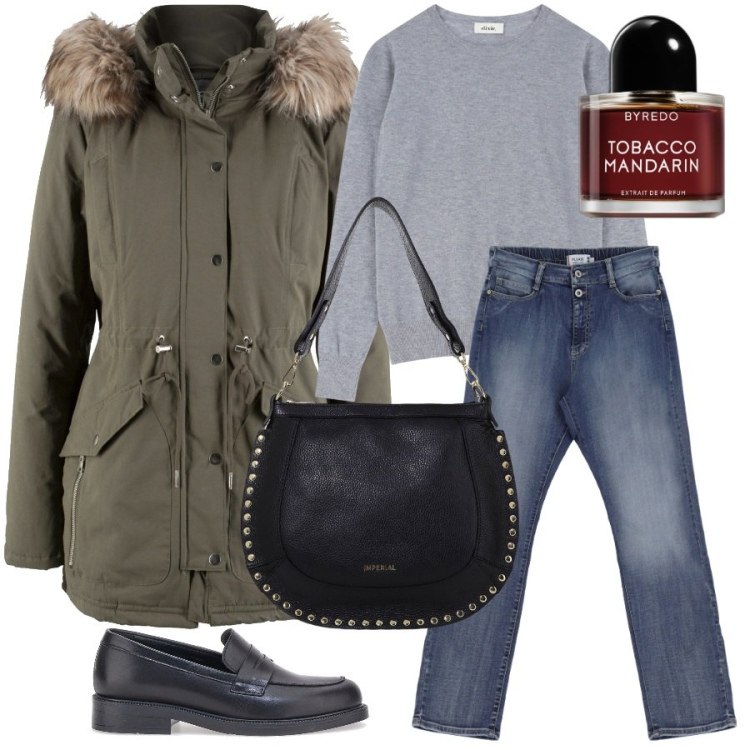 Outfit donna - Parka day. Stile Casual chic per Tutti i giorni. Abbinamento con parka, profumi, borse a spalla, jeans dritti, pullovers, mocassini.