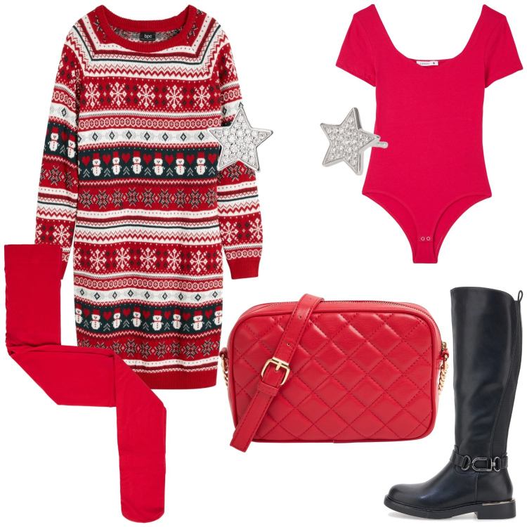 Outfit donna - L\'abito in maglia natalizio. per Tutti i giorni. Abbinamento con vestiti, body, collant, borse a tracolla, orecchini, stivali.