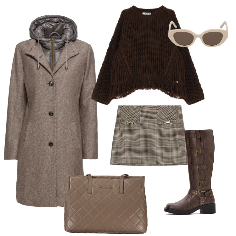 Outfit donna - Minigonna check in città. Stile Trendy per Tutti i giorni. Abbinamento con cappotti, stivali, maglieria, minigonne, borse a spalla, occhiali da sole.