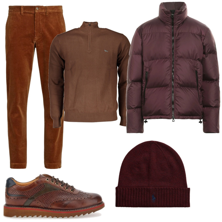Outfit uomo - Strati invernali. Stile Casual per Serata speciale. Abbinamento con piumini, berretti, pantaloni, scarpe stringate, maglieria.