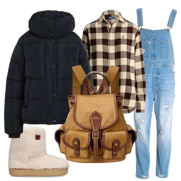 Outfit donna - Mountain high. Stile Urban per Tutti i giorni. Abbinamento con piumini, salopette, camicie, zaini, stivaletti.