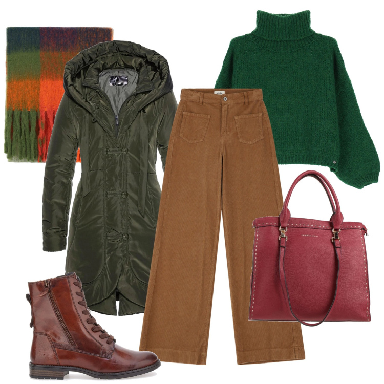 Outfit donna - Colori caldi e luminosi. Stile Casual per Tutti i giorni. Abbinamento con blazer, borse a mano, maglieria, pantaloni a palazzo, stole, anfibi.