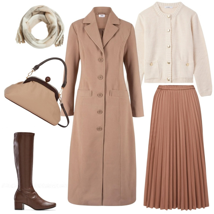 Outfit donna - Chic retro\'. Stile Casual chic per Tutti i giorni. Abbinamento con stivali, cappotti, cardigans, sciarpe, minigonne, clutch.