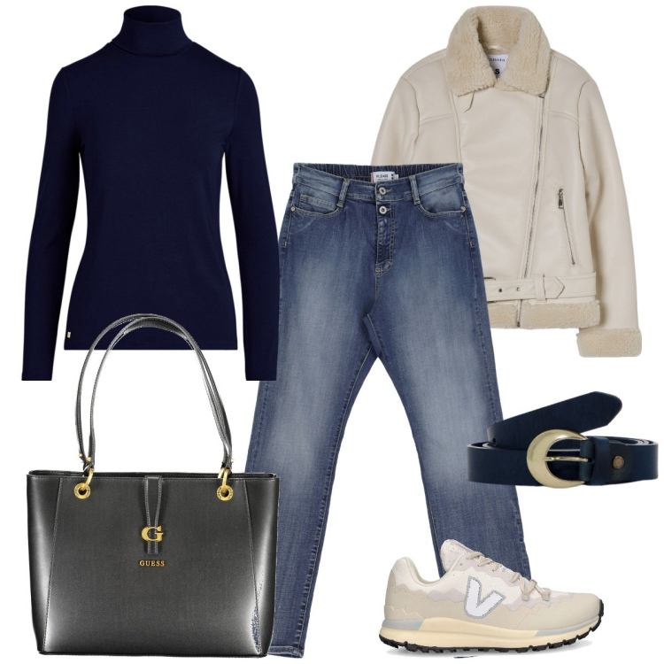 Outfit donna - Basic-chic. Stile Basic per Tutti i giorni. Abbinamento con blazer, jeans dritti, cinture, vestiti, sneakers, borse a spalla.