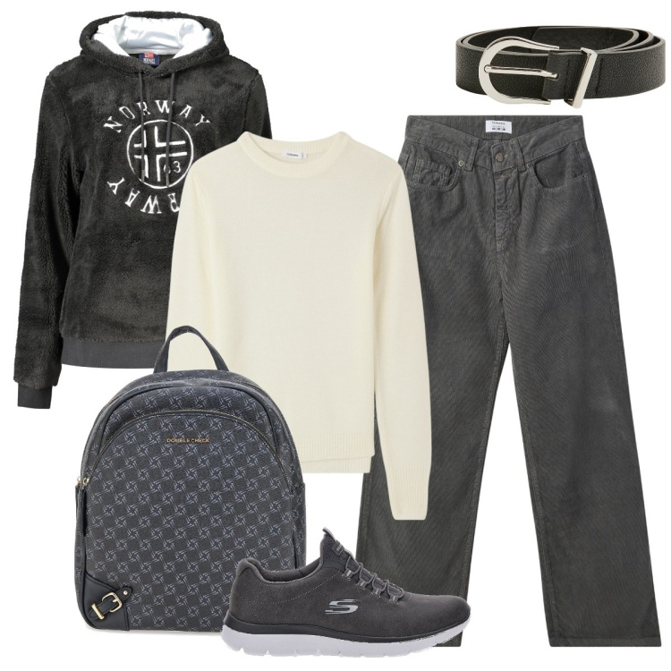Outfit donna - Sporty-chic tutti i giorni. Stile Sporty chic per Tutti i giorni. Abbinamento con pantaloni, maglieria, cinture, zaini, felpe con cappuccio, sneakers.