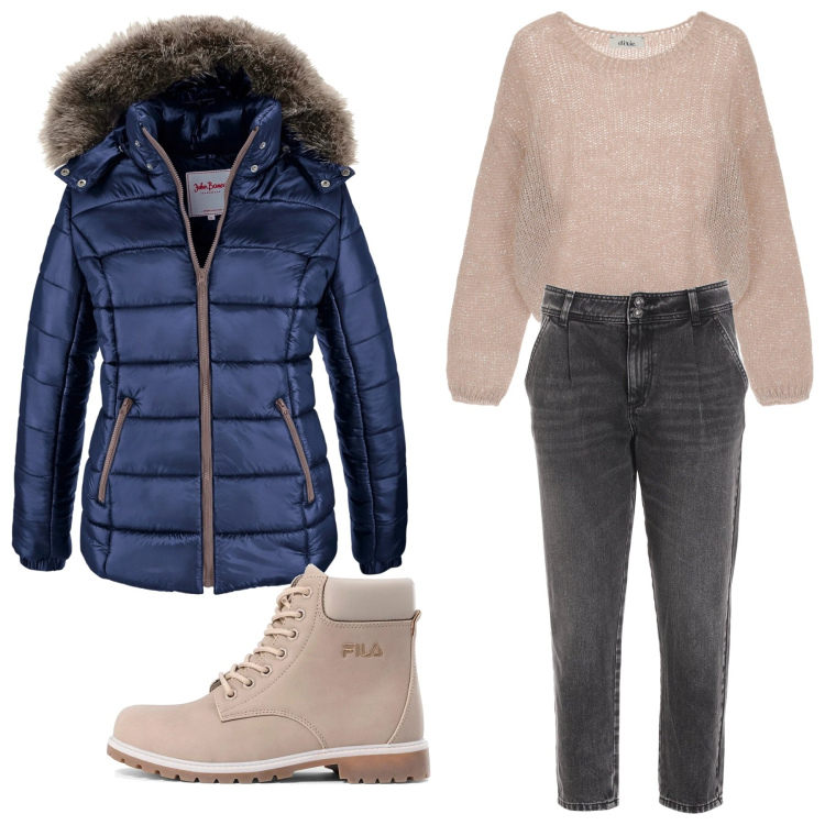 Outfit donna - Winter. Stile Casual chic per Tutti i giorni. Abbinamento con piumini, jeans dritti, maglieria, stivaletti.