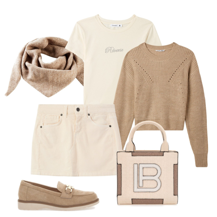 Outfit donna - Tonalità neutre. Stile Sporty chic per Tutti i giorni. Abbinamento con foulard, maglieria, minigonne, t-shirt, mocassini, borse a spalla.