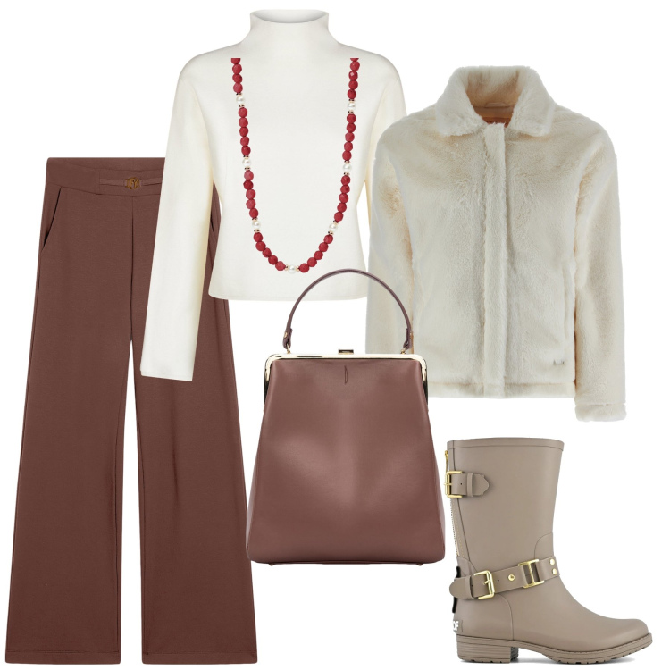 Outfit donna - Bianco e Borgogna invernale. Stile Chic per Ufficio. Abbinamento con collane, cappotti, pantaloni, stivali, borse a spalla, cardigans.