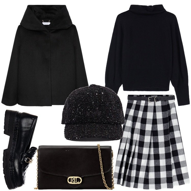 Outfit donna - Scintille. Stile Preppy per Serata fuori. Abbinamento con mocassini, gonne, maglieria, borse a tracolla, cappe, cappelli.