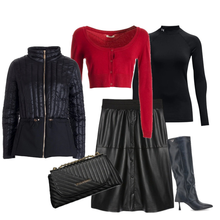 Outfit donna - Rosso di sera.... Stile Casual chic per Serata fuori. Abbinamento con piumini, cardigans, pullovers, gonne lunghe, stivali, borse a tracolla.