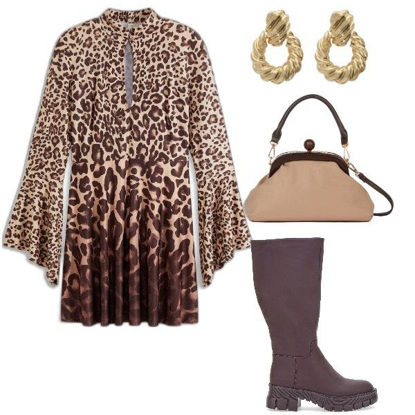 Outfit donna - Animalier a cascata. Stile Glamour per Serata fuori. Abbinamento con vestiti, orecchini, clutch, stivali.
