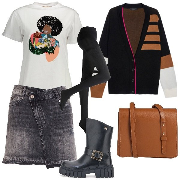 Outfit donna - Serata in pizzeria. Stile Casual per Serata fuori. Abbinamento con collant, borse a tracolla, gonne, stivaletti, cardigans, t-shirt.