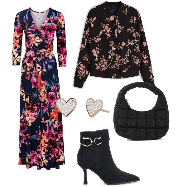 Outfit donna - Fiori a dicembre. Stile Romantica per Serata fuori. Abbinamento con bomber, vestiti lunghi, borse a mano, orecchini, stivaletti.