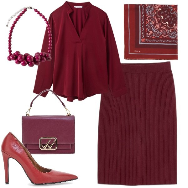 Outfit donna - Elegante in borgundy. Stile Bon Ton per Ufficio. Abbinamento con gonne, camicie, foulard, décolleté, collane, borse a tracolla.