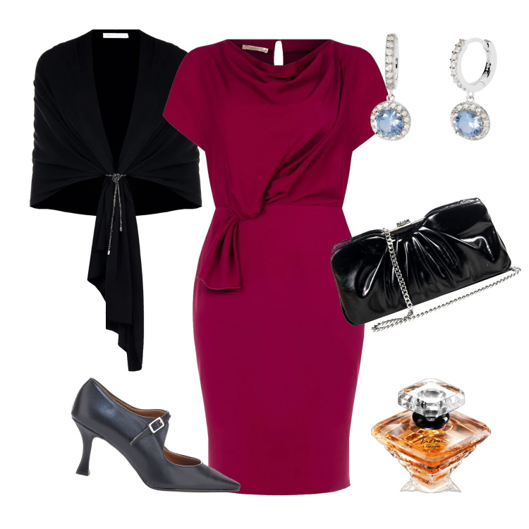 Outfit donna - Questione di stile. Stile Chic per Serata fuori. Abbinamento con profumi, orecchini, vestiti a tubino, stole, pochette, décolleté.