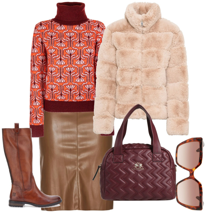 Outfit donna - Cannella. Stile Bon Ton per Tutti i giorni. Abbinamento con ecopellicce, gonne longuette, borse a mano, maglieria, occhiali da sole, stivali sopra il ginocchio.