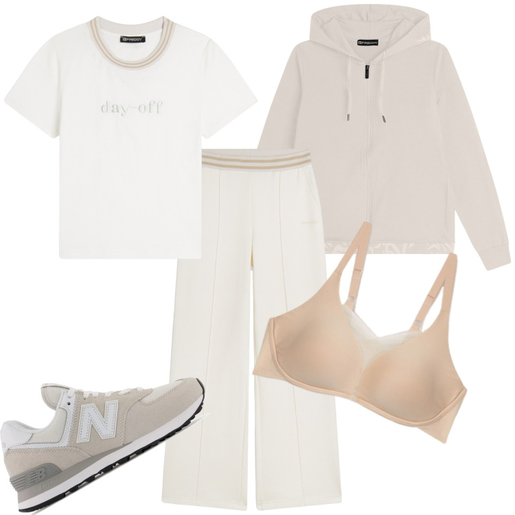Outfit donna - Total look #2015831. Stile Casual per Tutti i giorni. Abbinamento con sneakers, felpe con cappuccio, pantaloni, t-shirt, reggiseni.