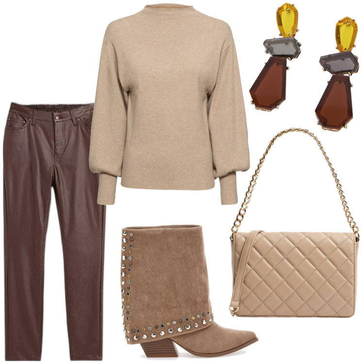 Outfit donna - Pantaloni in ecopelle. Stile Trendy per Tutti i giorni. Abbinamento con maglieria, pantaloni skinny, borse a tracolla, orecchini, stivaletti texani.
