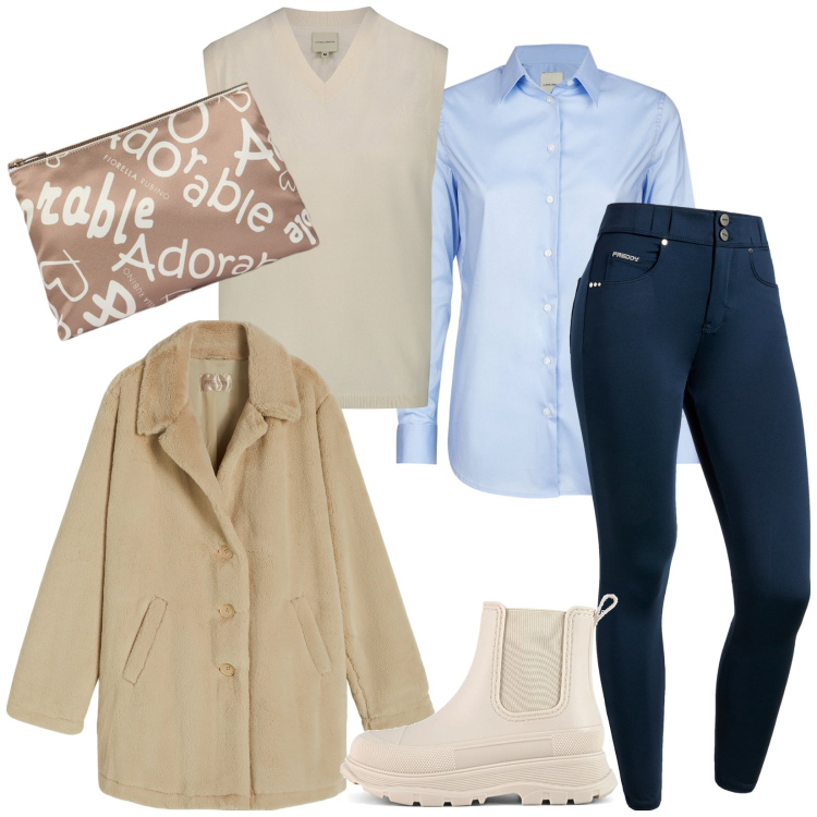 Outfit donna - Total look #2015838. Stile Casual chic per Tutti i giorni. Abbinamento con cappotti, pantaloni skinny, stivali, maglieria, camicie, pochette.