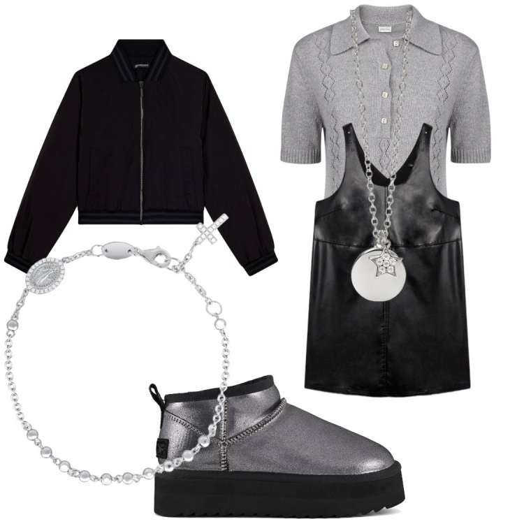 Outfit donna - Dicembre d\'argento. Stile Casual per Tutti i giorni. Abbinamento con braccialetti con ciondoli, ciondoli, bomber, stivaletti, polo, vestiti corti.