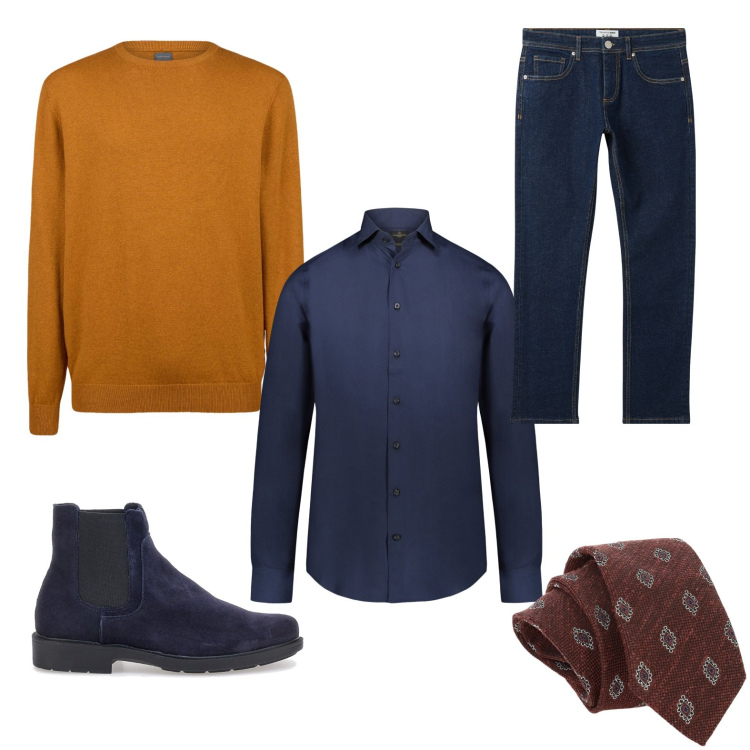 Outfit uomo - Il pullover senape. Stile Business/Elegante per Tutti i giorni. Abbinamento con jeans, cravatte, maglieria, camicie, stivali e stivaletti.