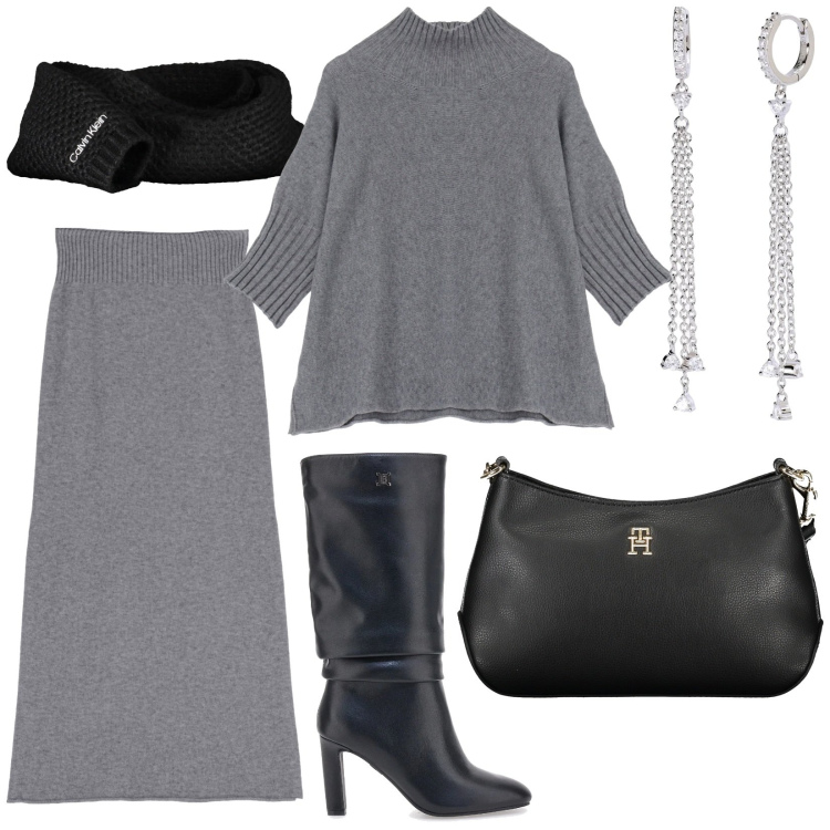 Outfit donna - Completo in maglia. Stile Minimal per Tutti i giorni. Abbinamento con orecchini, maglieria, gonne longuette, stivali, borse a tracolla, sciarpe.