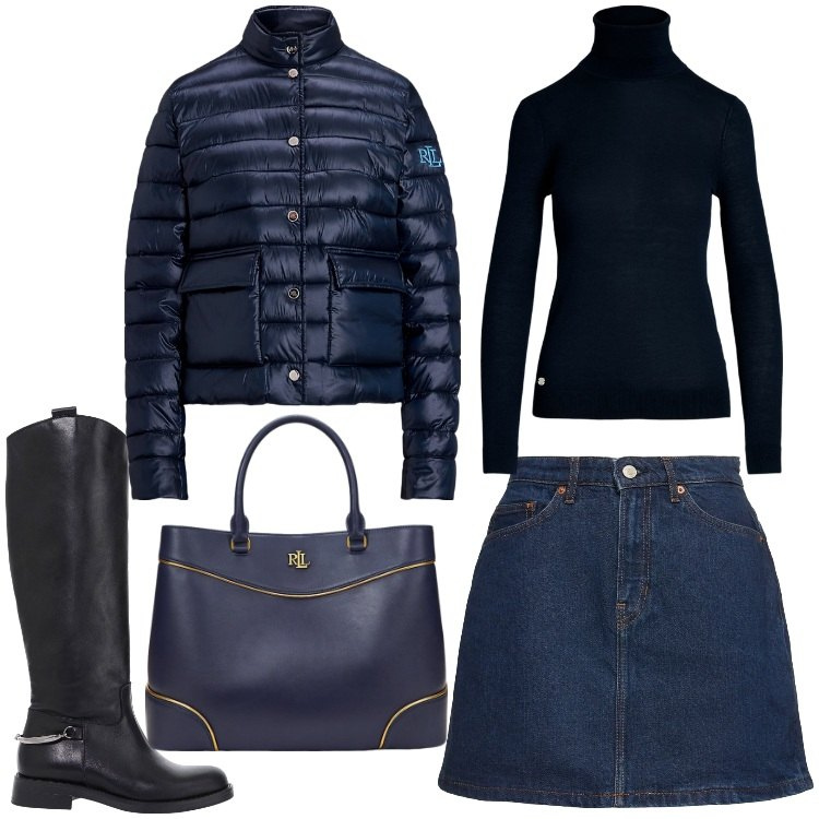 Outfit donna - Tutti i giorni. Stile Casual chic per Tutti i giorni. Abbinamento con stivali, maglieria, piumini, borse a mano, minigonne.